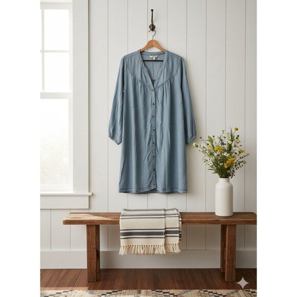 The Pioneer Women Blue Denim Dress Button Up Sz L Flowy Relaxed Fit Farmhouse - Picture 1 of 5